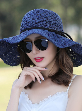 帽子女夏季小清新草帽遮阳帽防晒太阳帽可折叠百搭大沿沙滩帽凉帽