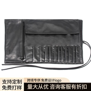 现货12孔高品质黑色化妆刷包 PU便携带拉链绑带暗格刷子收纳卷袋