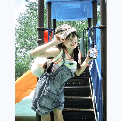甜系工装牛仔背带短裤女夏季2025新款宽松小个子复古显瘦阔腿短裤