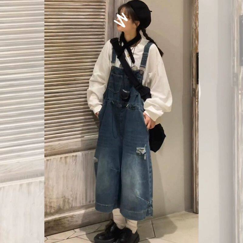 奶系复古牛仔八分裤背带裤女夏季牛仔裤