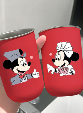 情侣款红色米奇不锈钢漱口杯高颜值结婚情侣牙刷结婚用品洗漱杯子