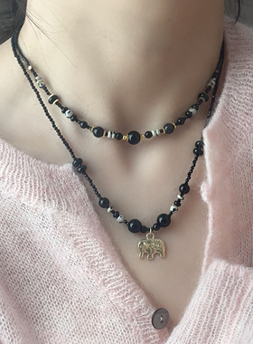 黑色串珠斑点石叠戴项链女复古新中式轻奢优雅时尚百搭颈链毛衣链
