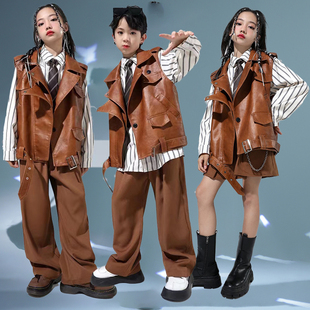 爵士舞服女童炸街儿童演出服潮酷男童机车皮衣马甲jazz街舞美拉德