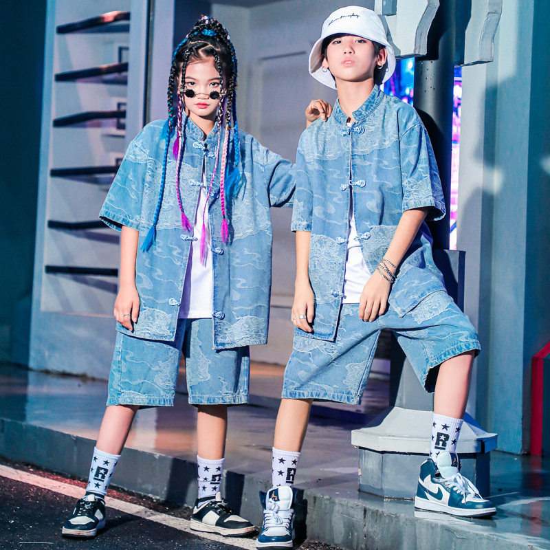 街舞儿童潮服中国风盘扣牛仔套装男女童嘻哈hiphop走秀摄影演出服