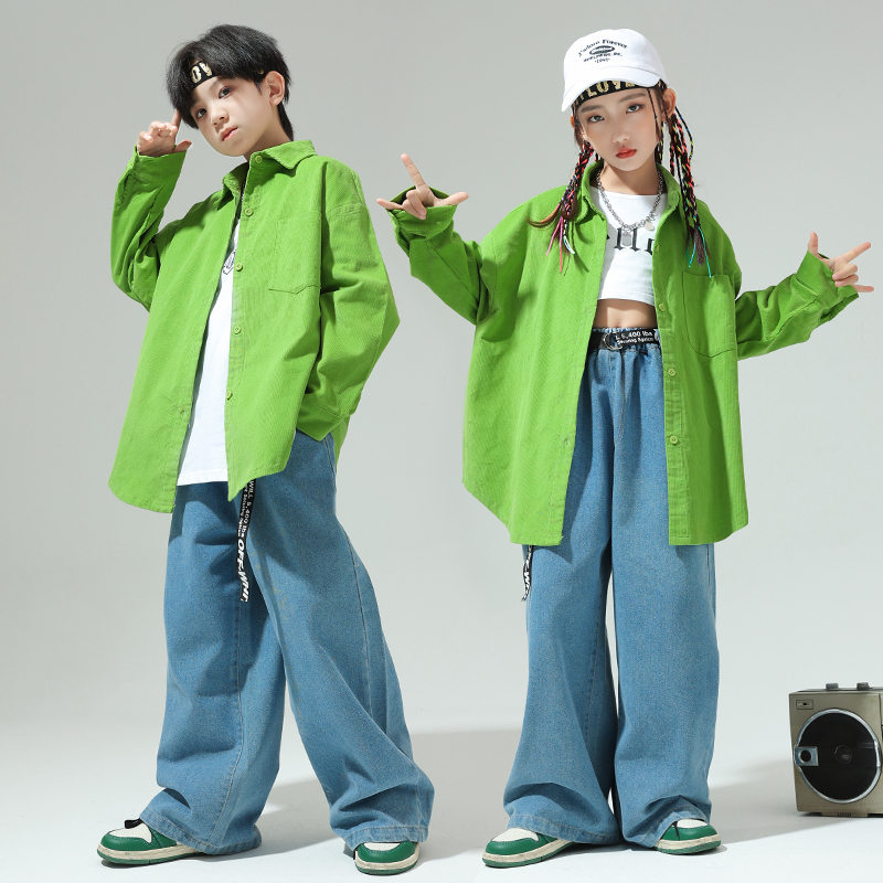 儿童嘻哈街舞hiphop绿色衬衫演出