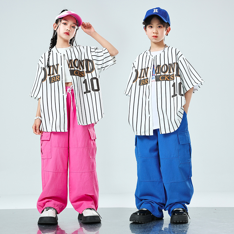 男女童街舞爵士条纹衬衫工装长裤