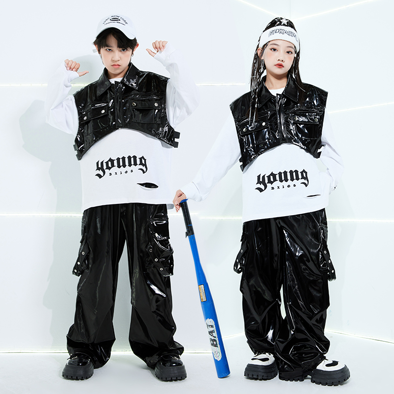 少儿街舞元旦演出服男童长袖套装hiphop皮衣马甲亮面皮裤架子鼓酷