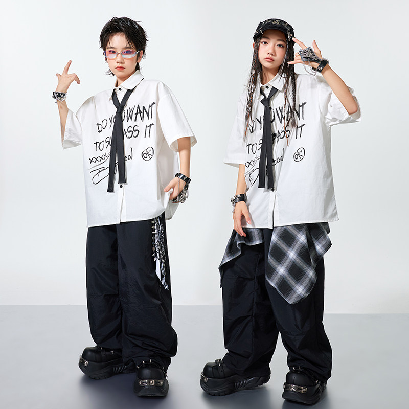 儿童街舞演出服套装新款白色衬衫图片