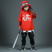 儿童套装 男2023秋装 男孩迷彩卫衣红色连帽中大童街舞服hiphop嘻哈
