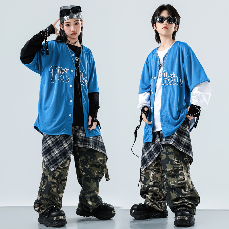 少儿街舞嘻哈套装短袖宽松开衫棒球服外套hiphop演出服迷彩工装裤