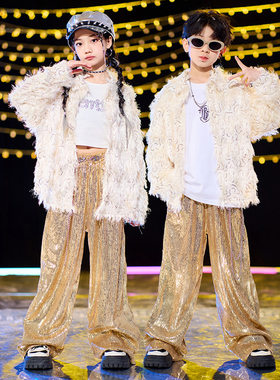 毛绒外套金色亮片裤子炸街演出服