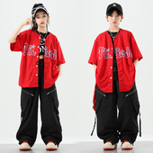 街舞少儿潮服hiphop演出服红色棒球服短袖 外套男女童嘻哈炸街套装