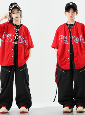 街舞少儿潮服hiphop演出服红色棒球服短袖外套男女童嘻哈炸街套装