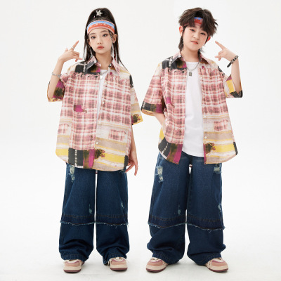 街舞表演服红格子衬衫短袖男女童
