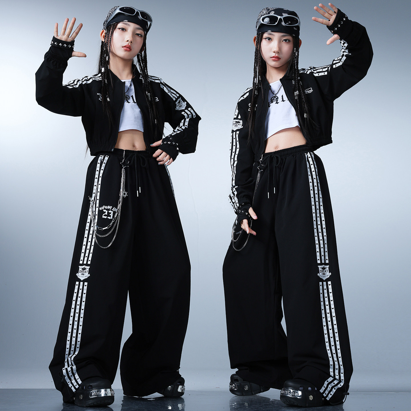 女童爵士舞演出服街舞三件套黑色条纹短款外套美式运动风表演服潮