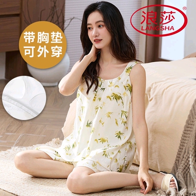 浪莎纯棉带胸垫睡衣女夏季两件套