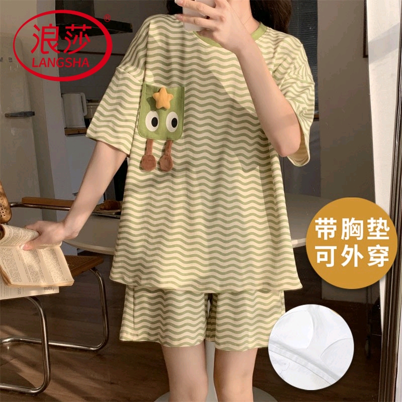 浪莎带胸垫纯棉睡衣女夏季可外穿