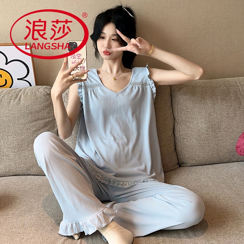 浪莎2025新款纯棉睡衣女夏季薄款背心吊带长裤短裤睡裙韩范家居服
