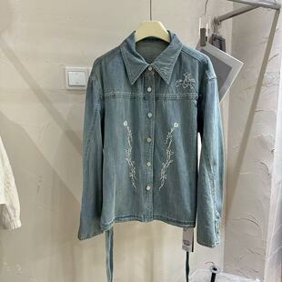 欧货重工刺绣牛仔衬衫女文艺复古系带收腰显瘦气质百搭长袖上衣