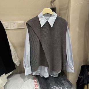 北欧风叠穿不规则全羊毛针织背心女小翻领长袖纯色衬衫两件套女