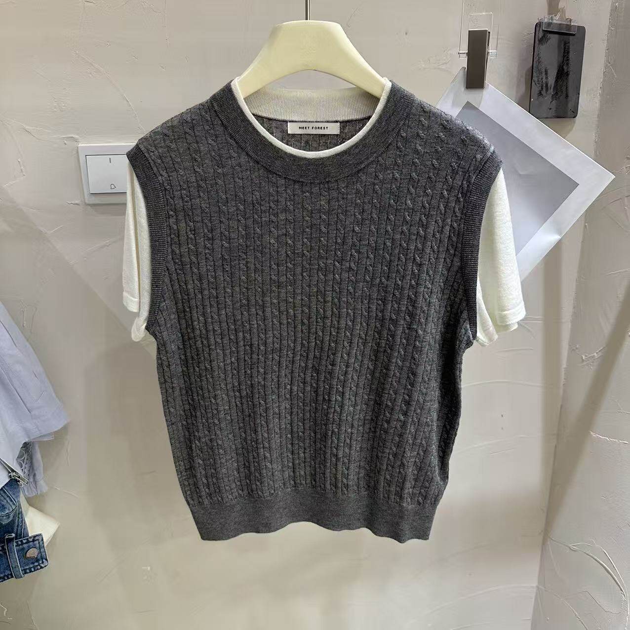 MEET FOREST 韩国麻花编织超细羊毛针织衫假两件女时尚百搭短袖