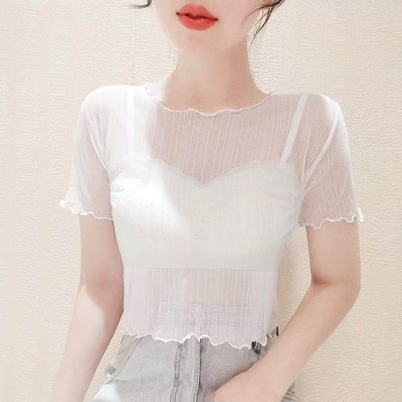 淑女风白色网纱打底衫女夏薄款木耳边透视蕾丝小衫上衣
