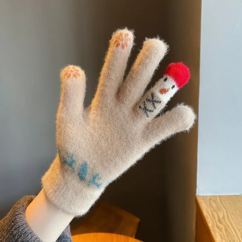 毛线手套女冬季可爱雪人针织触屏加厚保暖骑行车五指冬天防风防寒