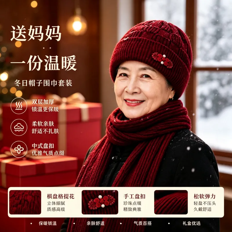 中老年妈妈冬季毛线帽子围巾套装中式盘扣双层加厚保暖防寒针织帽