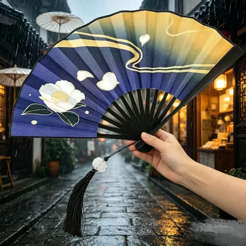 新中式10寸绢布折扇女古风山茶花流苏扇汉服外景拍摄道具国风流苏