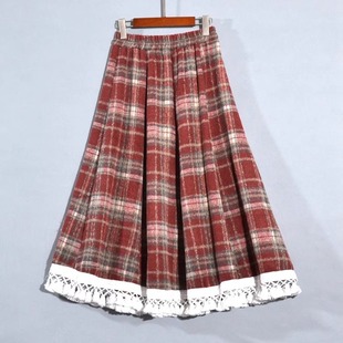 红色格子呢子半身裙女2024秋冬新款法式洋气镂空花边a字裙大摆裙
