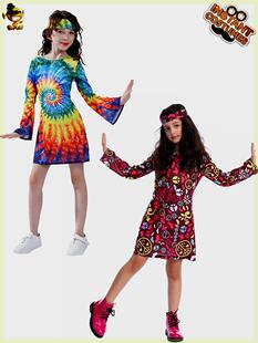 小女孩儿童嬉皮士服装美国复古炫彩嬉皮士裙舞台表演服装分销热销