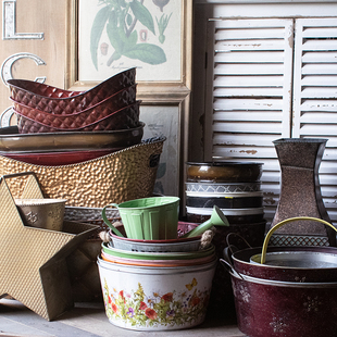 美式乡村样品花盆复古做旧铁皮花器种菜种花多肉植物铁皮盆套盆