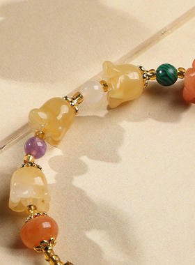 翡亦天然金丝玉手链女士闺蜜玉石手串吊金丝玉铃兰黄玉手串手饰品