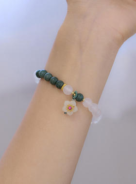 新中式天然8MM白玛瑙手链女芙蓉花森系花朵吊坠翡翠玉石手串