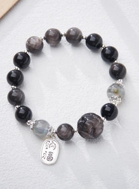 天然黑曜石貔貅手链女凤九月光石水晶好运手串银曜石闺蜜礼物