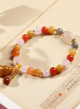 翡亦天然金丝玉手链玉石手串民族风男女款圆珠葫芦黄玉手串手饰品