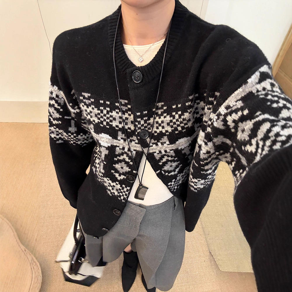 羊毛开衫费尔岛提花纯毛针织衫
