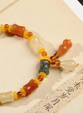 天然新疆金丝玉小骨头珠手链手工玉石雅丹戈壁彩玉手串民族风礼物