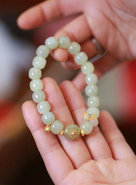 春日序曲新品套装 和田玉手链925银镀金镶嵌珍珠和田玉平安扣手饰