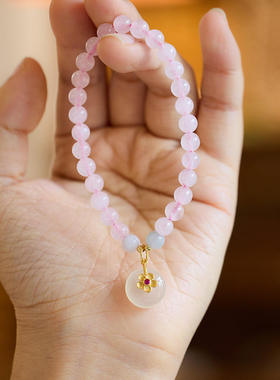寺庙同款天然6MM粉晶手链女翡翠吊玉髓平安扣芙蓉花手串闺蜜礼物