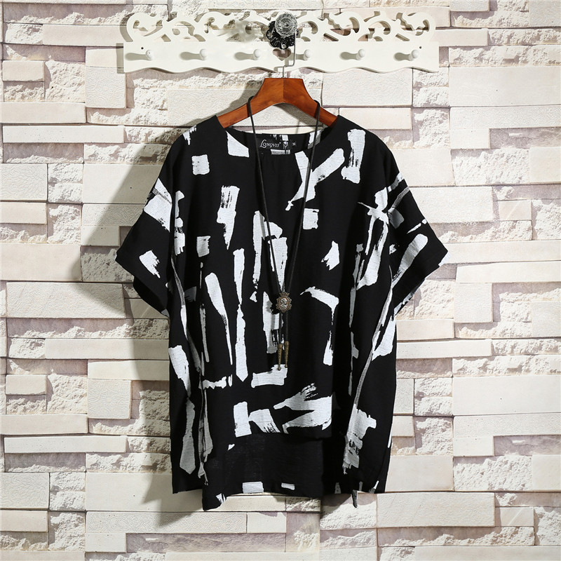 黑山本风圆领宽松印花短袖打底衫