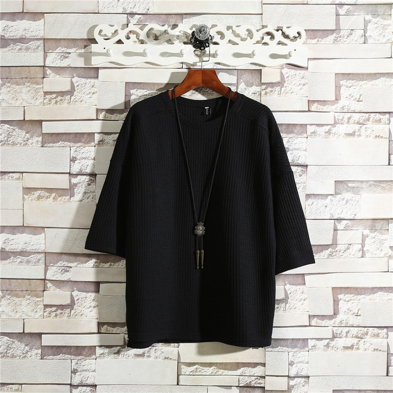 圆领华夫格发型师潮牌中袖