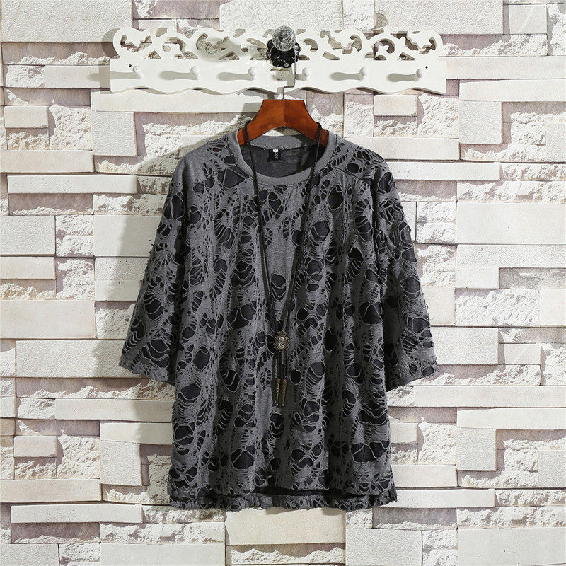 潮牌破洞灰白色薄款镂空上衣