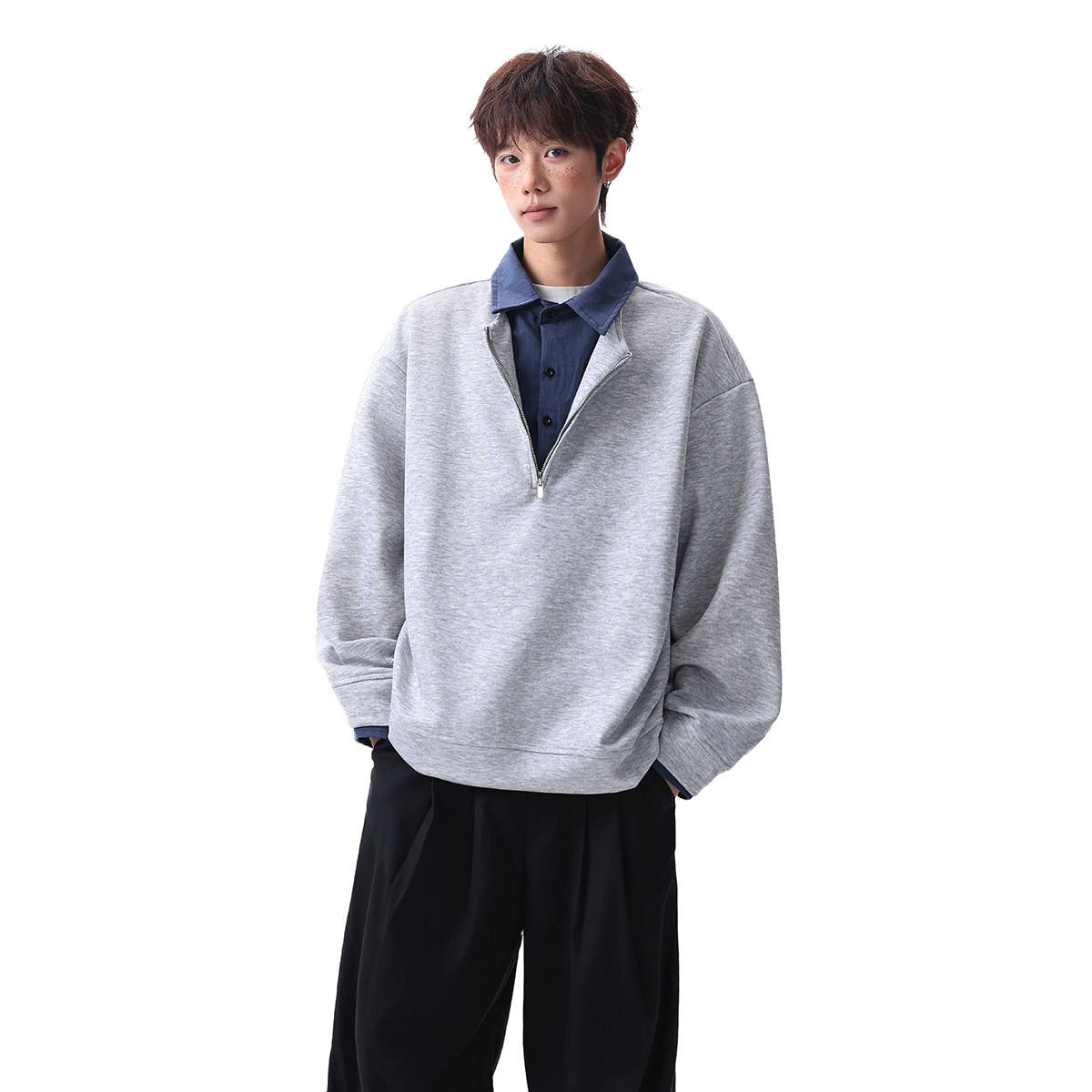 916-W97-特P55无差价现货重磅2026春装新拼接假两件卫衣无影墙，男装卫衣，星座916