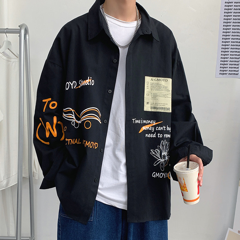 916-C12-P50棉2025春装美式宽松大码长袖衬衫港风M-5XL,男装衬衫,星座916