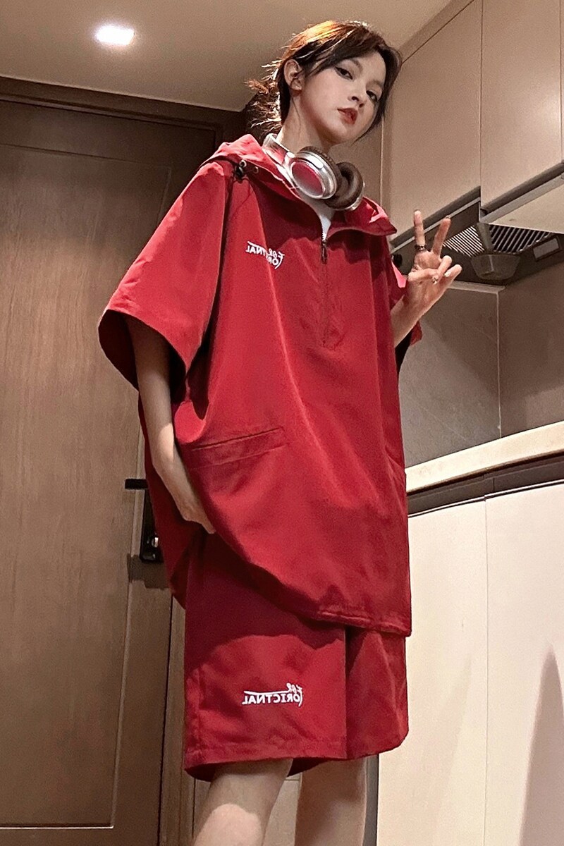 美式机能风套装男款夏季薄款速干潮牌痞帅连帽短袖运动短裤两件套,男装休闲套装,星座916