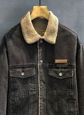 秋冬新款美式复古牛仔外套男机车潮牌翻领夹克宽松羊羔绒情侣棉衣