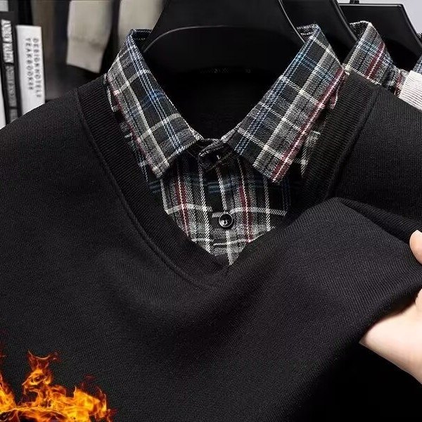 专柜撤回轻奢2025秋冬商务假两件毛衣男格子衬衫领修身加绒针织衫