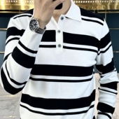 新款 潮流时尚 高档帅气衬衫 秋季 领男士 长袖 休闲条纹撞色翻领polo衫