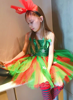 圣诞节儿童服装女童精灵公主蓬蓬裙绿色舞台表演服装影楼拍照服装